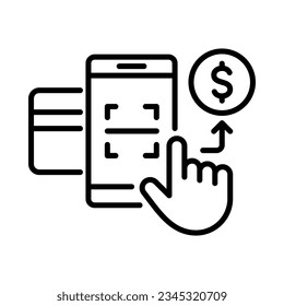 Icono de escanear y pagar. Escanear en pantalla móvil con tarjeta de crédito. Vector de línea. Aislar sobre fondo blanco.
