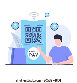 Scan To Pay Illustration Design Concept. Illustration For Websites, Landing Pages, Mobile Applications, Posters And Banners