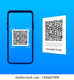 Scan to pay. Smartphone to scan QR code on paper for detail, technology and business concept. Vector stock illustration.