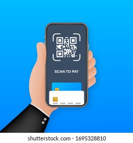 Scan to pay. Smartphone to scan QR code on paper for detail, technology and business concept. Vector stock illustration.