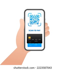 Scan to pay. Smartphone to scan QR code on paper for detail, technology and business concept. Vector stock illustration.