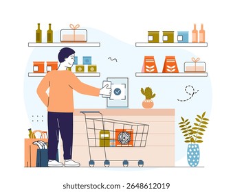 Escanear para pagar el sistema. El hombre con Carrito paga los comestibles en el Completar compra. Transferencias y transacciones sin efectivo. Cliente cerca de terminal inteligente. Cliente en supermercado. Ilustración vectorial lineal