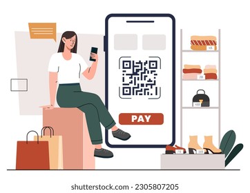 Escanear para pagar. Mujer sentada junto a bolsas de compras con smartphone con código QR. Enlace breve para transacciones y pagos electrónicos. Comercio en línea y marketing. Dibujo vectorial plano de dibujos animados