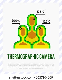 Analizar la temperatura de la gente. Detección de covid-19.  Medición de la fiebre. Cámara termográfica. Icono de gradiente plano, ilustración vectorial.