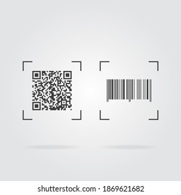 Scan qr and barcode icon on grey background with shadow. Sample qr code and barcode with frame. Vector