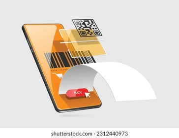 Scan QR code and bar code for payment online shopping with smartphone application and have paper receipt or invoice flowing out, vector 3d isolated for financial, money, online concept design