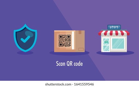 scan qr code in box carton and icons vector illustration design