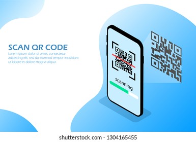 Scan qr code by phone. Website page, infographics. Isometric.