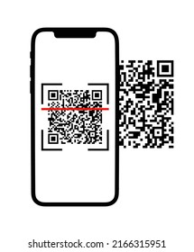 Scan of qr code by phone icon. Phone scanning qrcode. Mobile smartphone with barcode scanner app logo in line. Qr code camera reader in telephone illustration. Vector. Screen with scanner bar.