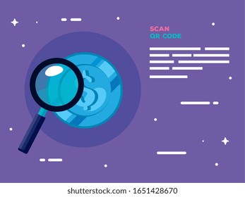escanear código qr y moneda con diseño de ilustración vectorial de vidrio de aumento