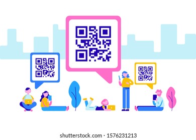 Scan QR code concept. Group of people scanning barcode using mobile smartphone for online shopping and payment. Digital technology vector illustration.