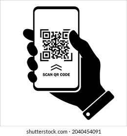 Scan QR code flat icon with phone. Barcode. Hand holds smartphone. Vector illustration.