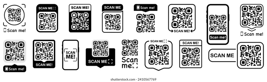 Scan qr code. Scan QR code flat icon with phone. Qr Code template for mobile app, payment and discounts. Barcode. Mobile payment and quick response codes. Scan me with smartphone. Vector illustration