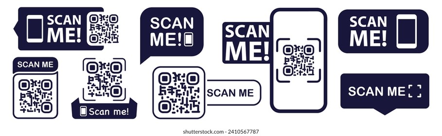 Scan qr code. Scan QR code flat icon with phone. Qr Code template for mobile app, payment and discounts. Barcode. Mobile payment and quick response codes. Scan me with smartphone. Vector illustration