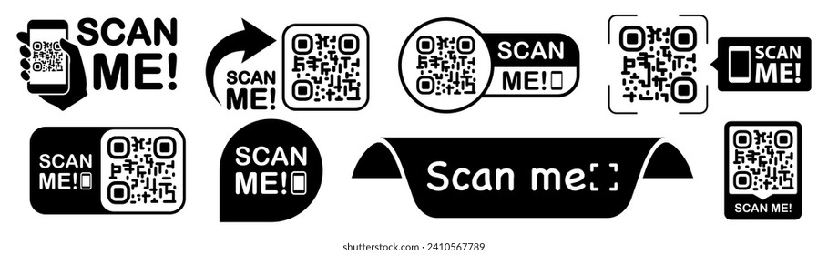 Scan qr code. Scan QR code flat icon with phone. Qr Code template for mobile app, payment and discounts. Barcode. Mobile payment and quick response codes. Scan me with smartphone. Vector illustration