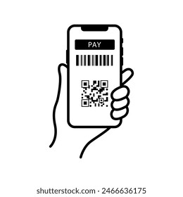 Escanee el ícono del código qr, mano que paga con el teléfono, App del escáner, sobre fondo blanco.