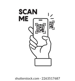 scan qr code icon, payment hand with phone, scanner app, thin line symbol on white background - editable stroke vector illustration.