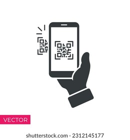 scan qr code icon, payment hand with phone, scanner app - icon vector