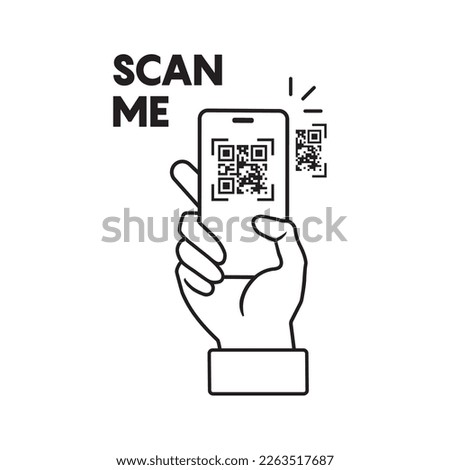 scan qr code icon, payment hand with phone, scanner app, thin line symbol on white background - editable stroke vector illustration.