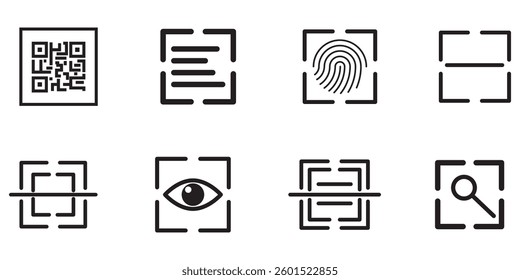 Scan qr code icon set, scanning code sign. Code scanner icon. Editable stroke. 