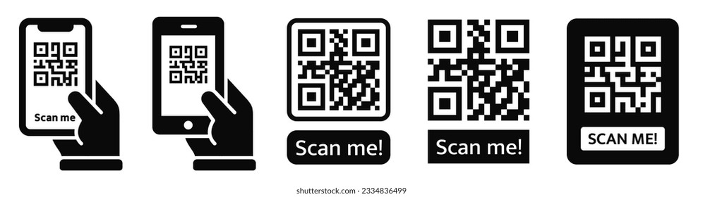 Scan QR code icon. QR code scan icon with smartphone sign. QR code for payment. QR code symbol with the inscription "scan me" - stock vector.