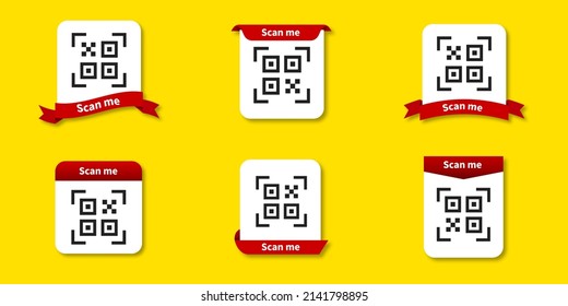 Scan qr code icon. Vector illustration. QR code set for smartphone. QR code for mobile app. Collection Qr code with ribbon. EPS 10.