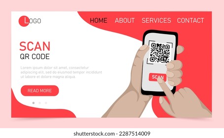 Scan qr code. Landing page or website template. Qr code payment, verification, online shopping, cashless technology concept. Vector illustration
