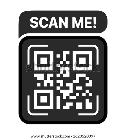 Scan QR code and Scan me icon set with digital labels and frames, perfect for smartphone payment, mobile apps, discounts, and quick response scanning, isolated vector illustration.