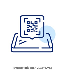 Scan a qr code message on an isometric smartphone. Pixel perfect, editable stroke line art icon