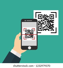 Scan QR code with Mobile phone. Scanning barcode with telephone. Hand holds cellphone, smartphone. Vector icon. Flat style.