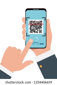 Scan QR code to Mobile Phone. In human hands Mobile phone scanning qr-code icon. technology and business concept. vector