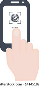 Scan QR code to Mobile Phone. Hand with phone. Electronic, digital technology, barcode. Vector modern design illustration icon, eps 10