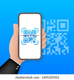 Scannen Sie QR-Code auf Mobiltelefon. Elektronische, digitale Technologie, Barcode. Stockillustration für Vektorillustrationen.