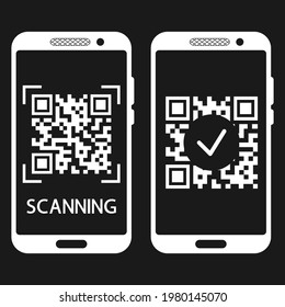 Scan QR code with mobile phone. QR code scans completed. Machine-readable barcode on smartphone screen. Verification or payment concept. Vector illustration isolated on black background