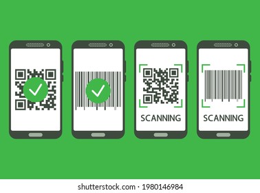 Scan QR code with mobile phone. QR code scans completed. Machine-readable barcode on smartphone screen. Verification or payment concept. Vector illustration isolated on green background