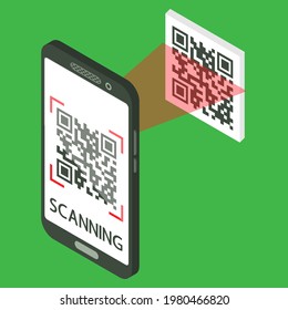 Scan QR code with mobile phone. Isometric smartphone with QR code on screen. Process of scanning. Machine-readable barcode on smartphone screen. Vector
