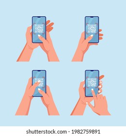 Scan QR code to mobile phone. Set of telephone in human hand. Electronic , digital technology, barcode concept. Vector illustration.