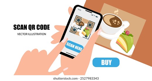 Digitalize o código QR para comprar no celular. Escandinavo. Café e doces suecos Prinsesstarta. Eletrônica, tecnologia digital, código de barras. Ilustração vetorial.