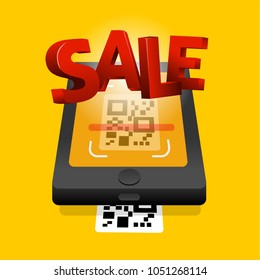 Scan QR code to mobile sale online shopping. QR technology. Flat vector illustration