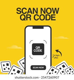 Scan QR code now. QR code scan banner, social media post template for advertising with smartphone screen and quick response code on it ready to be scanned. Place your code here