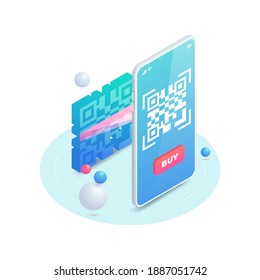 Scan QR code on smartphone screen. 3d Scanning barcode concept, QR pay isometric vector illustration. Electronic online contactless payment. Digital code mobile phone cashless payment.