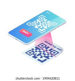 Scan QR code on smartphone screen. 3d Scanning barcode concept, QR pay isometric vector. Online contactless payment with electronic pay, Digital mobile cashless payment.