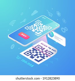 Scan QR code on smartphone screen. 3d Scanning barcode illustration, QR pay isometric vector concept. Online contactless payment with electronic pay, Digital mobile cashless payment.