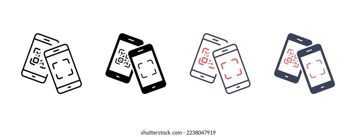 Scan QR Code on Smartphone Line and Silhouette Icon Set. Payment Scanner in Mobile Phone Pictogram. Square Barcode App for Pay Symbol Collection on White Background. Isolated Vector Illustration.