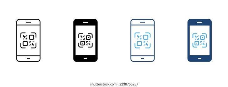 Scan QR Code on Smartphone Line and Silhouette Icon Set. Payment Scanner in Mobile Phone Pictogram. Square Barcode App for Pay Symbol Collection on White Background. Isolated Vector Illustration.