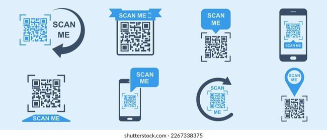 Scan QR code on smartphone. Scan me icon. Reader barcode. Vector icons set.