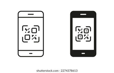 Scannen Sie QR-Code auf Smartphone Line und Silhouette Icon Set. Payment Scanner im Handy-Piktogramm. Square Barcode App für Pay Symbol Collection auf weißem Hintergrund. Einzelne Vektorgrafik.