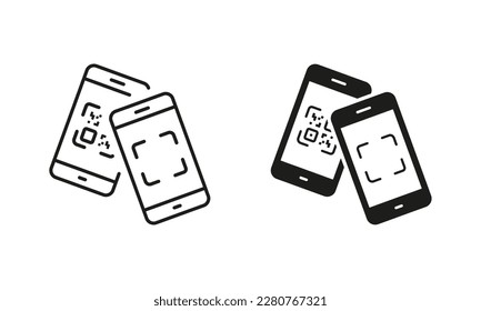 Scan QR Code on Smartphone Line and Silhouette Icon Set. Payment Scanner in Mobile Phone Pictogram. Square Barcode App for Pay Symbol Collection on White Background. Isolated Vector Illustration.