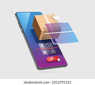 Scan QR code on smartphone screen to payment after pressing red buy order button below and parcel box or cardboard box appears, vector 3d isolated for e commerce, delivery, online shopping concept