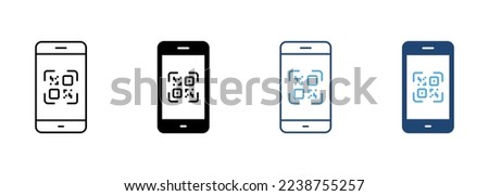 Scan QR Code on Smartphone Line and Silhouette Icon Set. Payment Scanner in Mobile Phone Pictogram. Square Barcode App for Pay Symbol Collection on White Background. Isolated Vector Illustration.